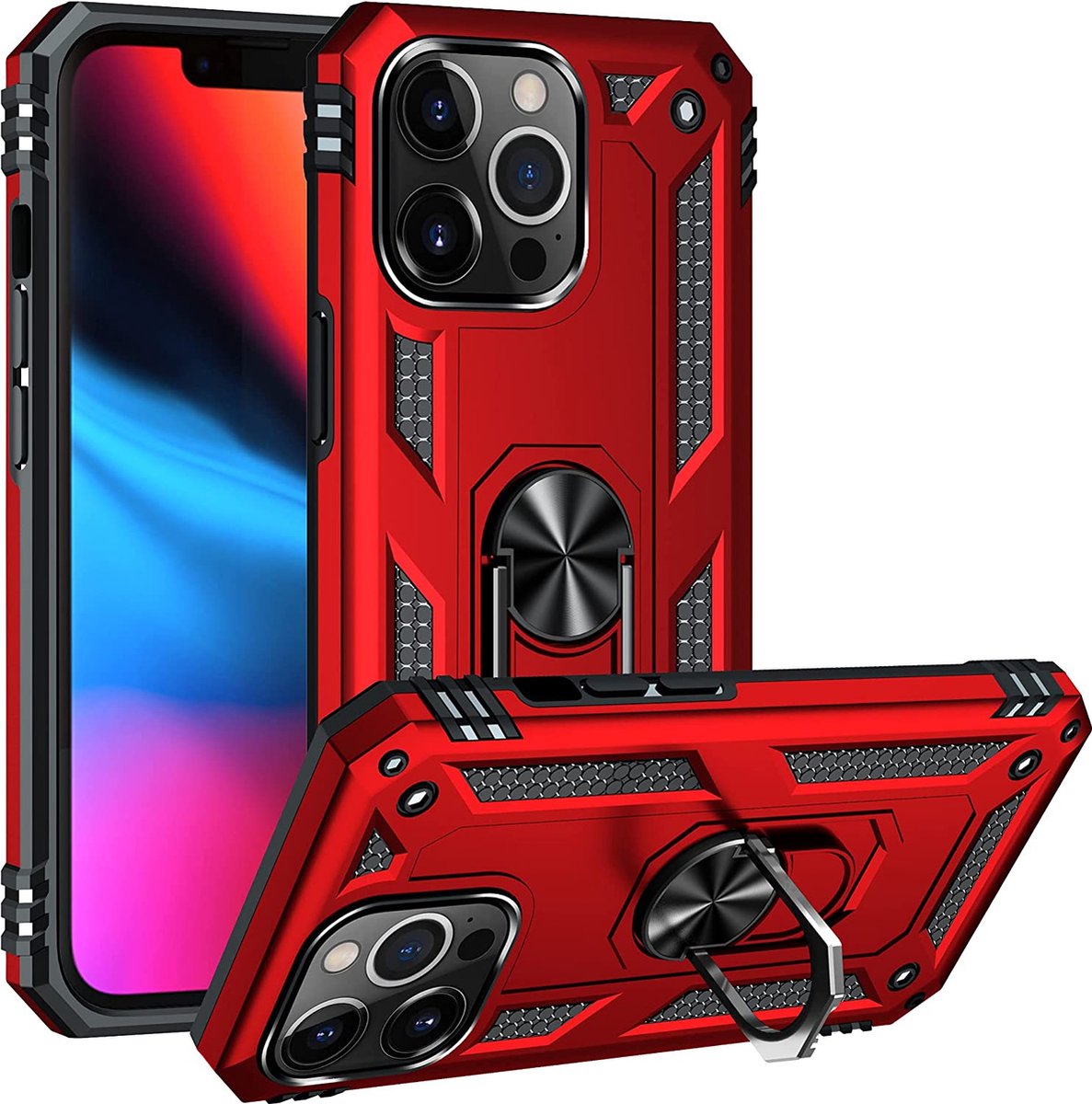 Anti-Shock Hybrid Ring Armor Hoesje Geschikt voor: iPhone 13 Pro Max - rood