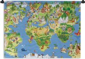 Wandkleed - Wanddoek - Wereldkaart - Kinderen - Natuur - Dieren - Blauw - Groen - 60x45 cm - Wandtapijt