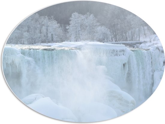 WallClassics - PVC Schuimplaat Ovaal - Witte Winter Waterval - 68x51 cm Foto op Ovaal  (Met Ophangsysteem)
