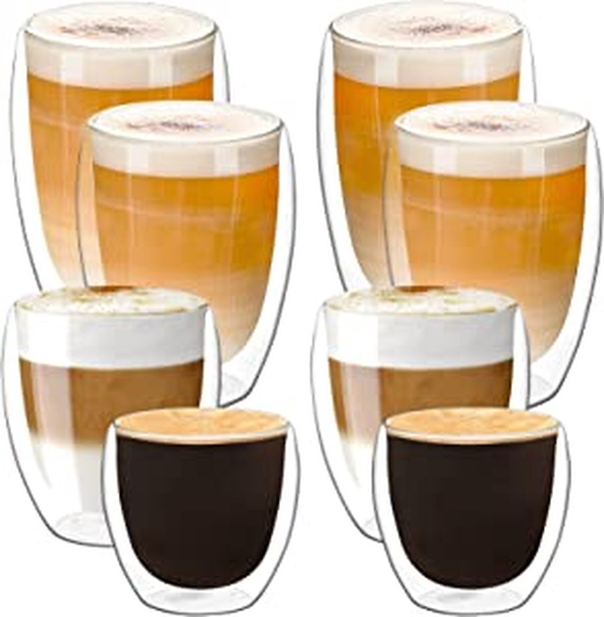 RoyalGoods® Dubbelwandige Glazen – Koffieglazen - Theeglazen – 2 Stuks Van 80ML, 250ML, 350ML en 450ML – 8 Stuks Totaal – Espresso Glazen, Cappuccino Glazen - Latte Macchiato Glazen