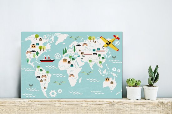 Décoration murale Métal - Peinture Aluminium - Wereldkaart - Enfants - Avion - Nature - 30x20 cm