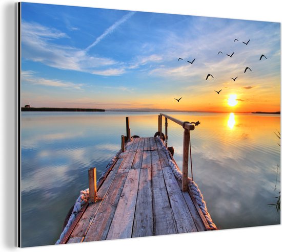 Décoration murale Métal - Aluminium Peinture Industrielle - Water - Echafaudage - Vogels - Coucher de soleil - Horizon - 120x80 cm - Dibond - Photo sur aluminium - Décoration murale industrielle - Pour le salon / chambre