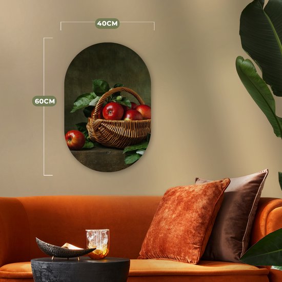 Ovale Mural - Ovale Mural - Décoration murale Plastique - Peinture Ovale - Rustique - Pomme - Fruit - Rouge - Panier - Nature Morte - 40x60 cm - Forme Miroir Ovale sur Plastique