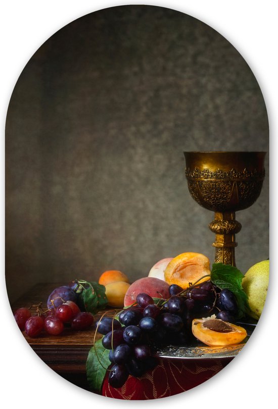 Muurovaal - Wandovaal - Kunststof Wanddecoratie - Ovalen Schilderij - Rustiek - Tafel - Fruit - Stilleven - Beker - 80x120 cm - Ovale spiegel vorm op kunststof