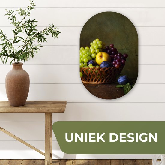 Ovale mural - Ovale mural - Décoration murale en plastique - Peinture ovale - Rustique - Fruits - Canette - Panier - Nature morte - 40x60 cm - Forme miroir ovale sur plastique