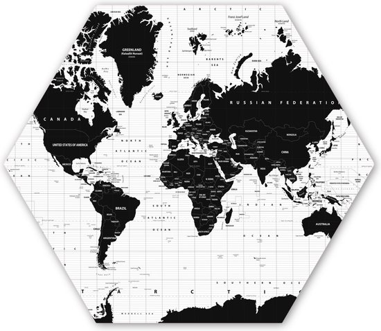 Hexagon wanddecoratie - Kunststof Wanddecoratie - Hexagon Schilderij - Wereldkaart - Zwart - Wit - Atlas - Aarde - Educatief - 120x103 cm