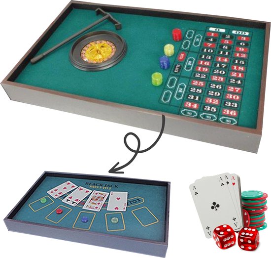 Afbeelding van het spel Cheqo® Casino Set met 2-in-1 Speelmat - Speeltafel - Black Jack - Roulette - Met Speelkaarten - 40 Pokerchips - Roulette Wiel - Hark - Dobbelstenen