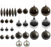 Kerstballen met 50 Kerstbalhaakjes 4-5-6cm 31-delig |Zilver/donker grijs mat grijs |kunststof kerstbal