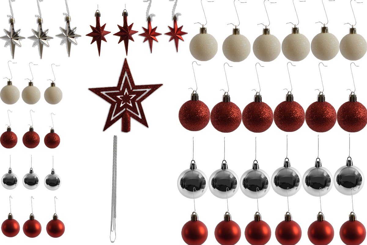 Kleine Kerstballen met 50 Kerstbalhaakjes 3-4cm 44-delig |decoratie met en piek rood zilver met glitters ketting |kunststof kerstbal