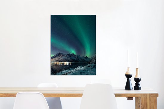 Décoration murale Métal - Peinture Aluminium Industriel - Aurores boréales - Berg - Neige - Vert - Ciel étoilé - Hiver - 60x80 cm - Dibond - Photo sur aluminium - Décoration murale industrielle - Pour le salon/chambre