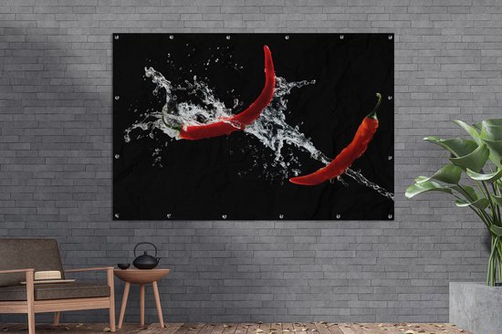 Décoration murale Piment - Nature morte - Water - Zwart - Rouge - 180x120 cm - Poster jardin - Toile jardin - Poster extérieur