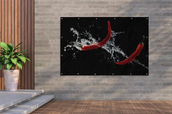 Décoration murale Piment - Nature morte - Water - Zwart - Rouge - 180x120 cm - Poster jardin - Toile jardin - Poster extérieur