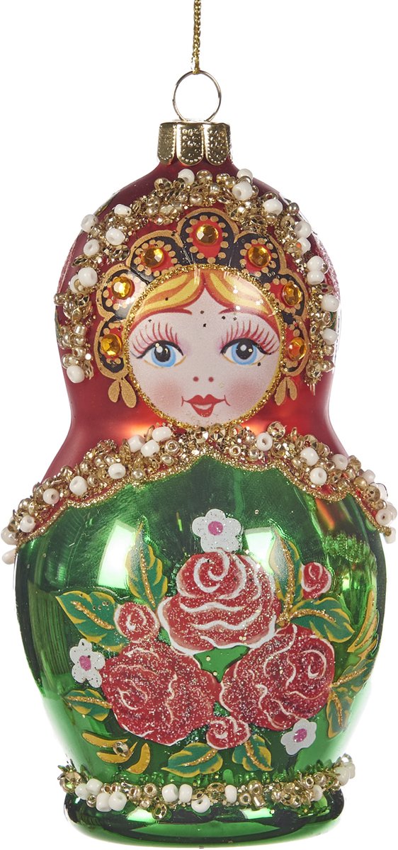 Viv! Christmas Kerstornament - Matroesjka pop - glas - rood groen - 12cm