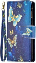 Oppo A57 (5G) / A77 5G - Portemonnee met rits - book-case hoesje - ruimte voor 9 pasjes - goud blauw vlinders