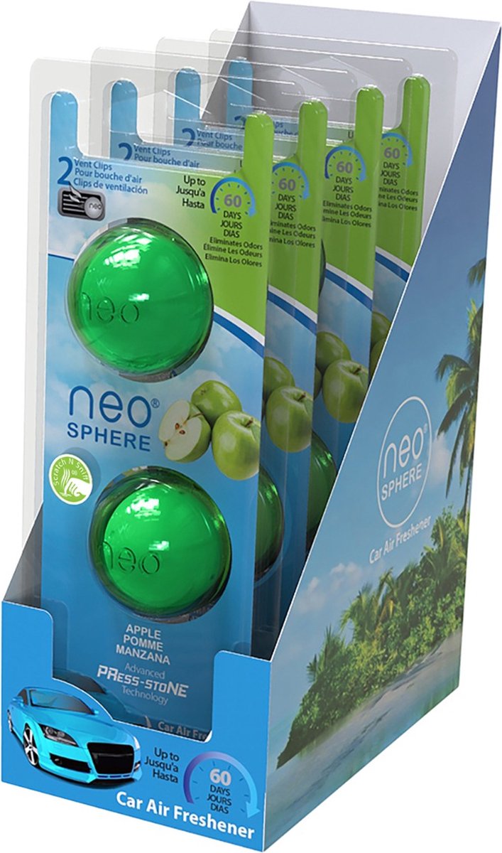 Neo-Sphere, Autoparfum – Apple/Groen – 4x duopack (8 stuks) – Luchtverfrisser voor het ventilatierooster van de auto – Compact autogeurtje 60 dagen fris
