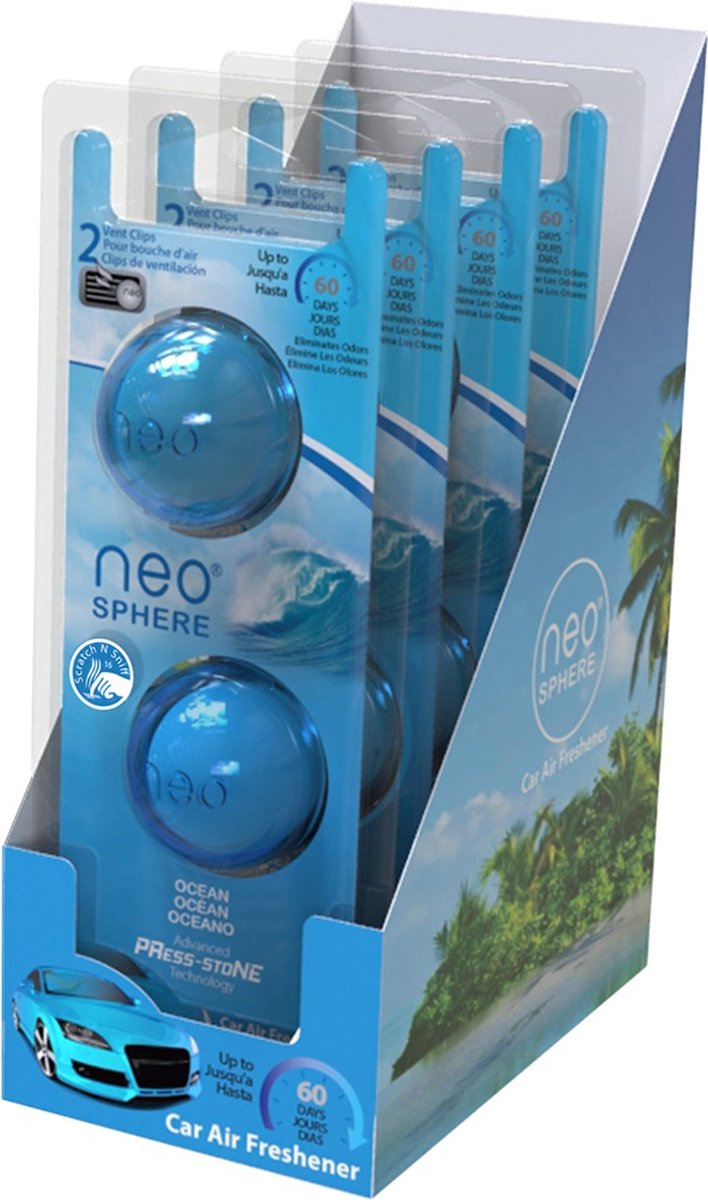 Neo-Sphere, Autoparfum – Ocean/Blauw – 4x duopack (8 stuks) – Luchtverfrisser voor het ventilatierooster van de auto – Compact autogeurtje 60 dagen fris