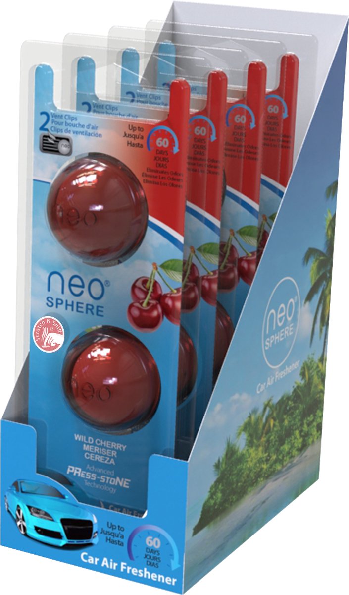 Neo-Sphere, Autoparfum – Cherry/Rood – 4x duopack (8 stuks) – Luchtverfrisser voor het ventilatierooster van de auto – Compact autogeurtje 60 dagen fris