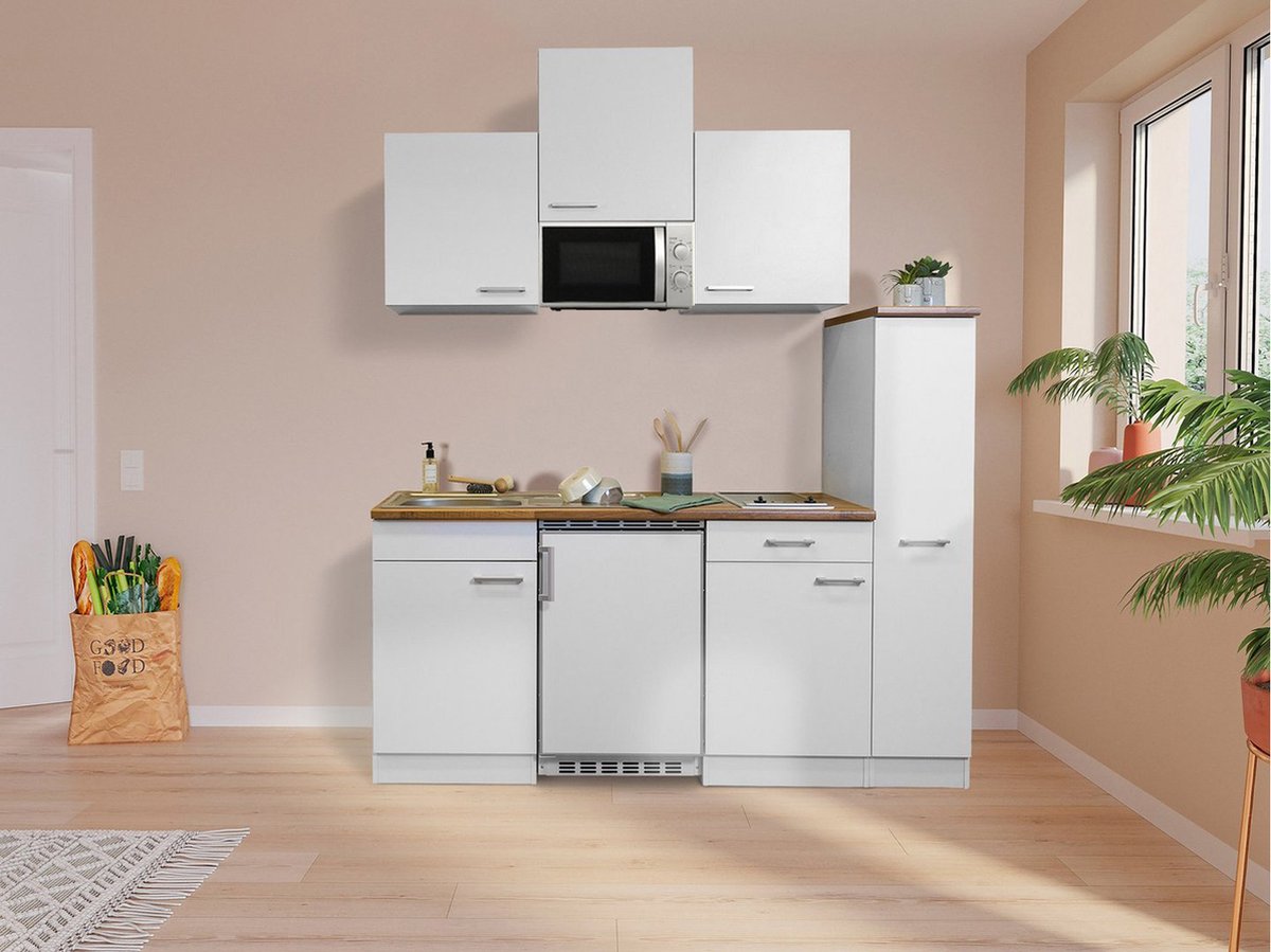 Goedkope keuken 180 cm - complete kleine keuken met apparatuur Luis - Wit/Wit - elektrische kookplaat - koelkast - magnetron - mini keuken - compacte keuken - keukenblok met apparatuur