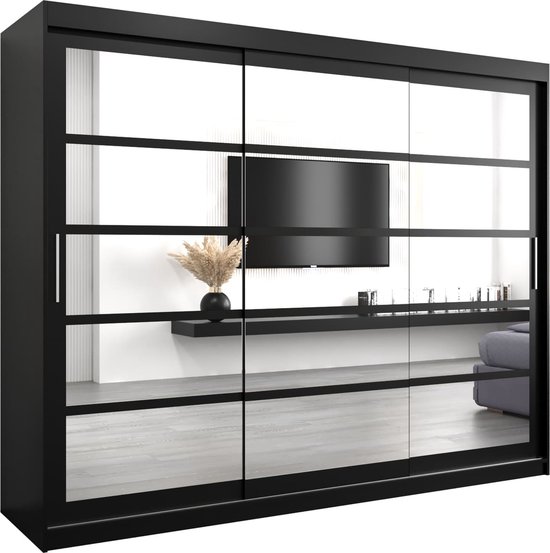 InspireMe - Kledingkast met 3 schuifdeuren, Modern-stijl, Een kledingkast met planken en een spiegel (BxHxD): 250x200x62 - VENEZIA II 250 Zwart Mat