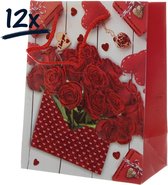 12x Stevige draagtassen LOVE Valentijn Moederdag Bloemen Rozen (23x18x10)cm zak cadeautasje gift bag verpakking