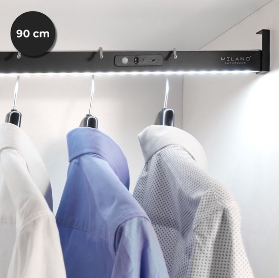Milano Luxurious kledingstang met LED verlichting bewegingsmelder – Kastroede met natuurlijk wit licht – Oplaadbare kledingroede met sensor en aan/uit schakelaar – 90 cm – Zwart