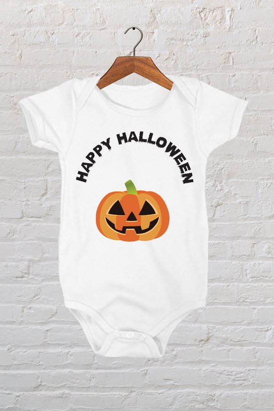 Hospitrix Baby Rompertje met Print Happy Halloween | 74-80 maat | 6-12 maanden | Korte Mouw | Cadeau voor Zwangerschap | Bekendmaking | Aankondiging | Halloween kostuum Baby