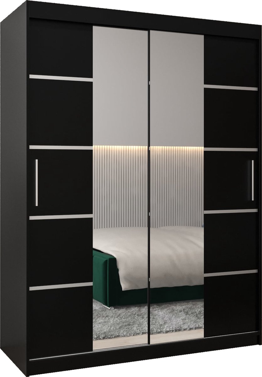 InspireME Kledingkast met 2 schuifdeuren, Modern-stijl, Kledingkast met planken (BxHxD): 150x200x62 - VENTILA IV 150 Zwart Mat