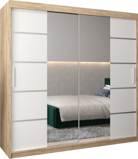 Moderne kast met 2 schuifdeuren in Sonoma eikenhout met witte panelen en spiegeldeuren.