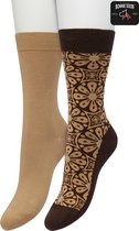 Bonnie Doon Dames Sokken set Beige/Bruin maat 36/42 - 2 paar - Effen - Print - Glitter Bloem - Gladde Naden - Brede Boord - Uitstekend Draagcomfort - 2-pack - Multipack - Effen - Lurex Tile - Macaroon - Bracken - OL221503.158