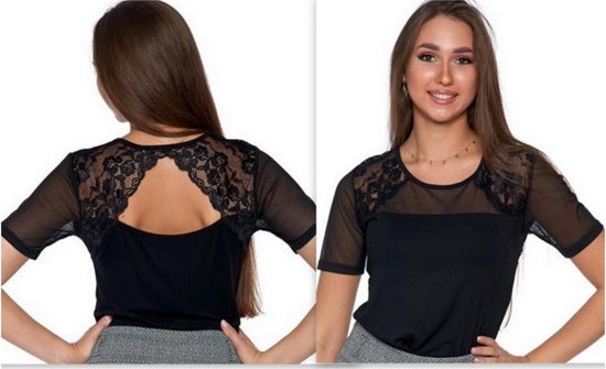 Mooie blouse met uitsnijding op de rug - viscose met kant en tule - zwart- KORTING- SALE S