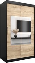 InspireMe - Kledingkast met 2 schuifdeuren, Modern-stijl, Een kledingkast met planken en een spiegel (BxHxD): 120x200x62 - TRINA 120 Zwart Mat + Sonoma Eik met 2 lades