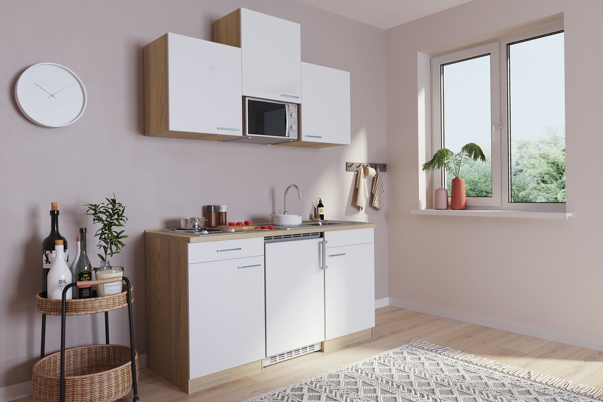 Goedkope keuken 150 cm - complete kleine keuken met apparatuur Luis - Eiken/Wit - elektrische kookplaat - koelkast - magnetron - mini keuken - compacte keuken - keukenblok met apparatuur