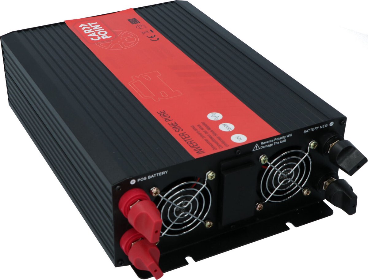 Carpoint Omvormer - 12V>230V - Zuivere Sinus - Continu vermogen 1500W - Piekvermogen 3000 Watt – Uitgang Frans/Belgisch stopcontact – Permanente aansluiting op accu - Schokbestendig - Temperatuur geregelde koelventilator – Afmeting 290x220x90mm