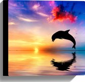 WallClassics - Canvas  - Silhouet van Dolfijn bij Ondergaande Zon in het Water - 30x30 cm Foto op Canvas Schilderij (Wanddecoratie op Canvas)