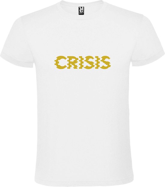 Wit T-Shirt met “ Crisis “ tekst Goud Size M