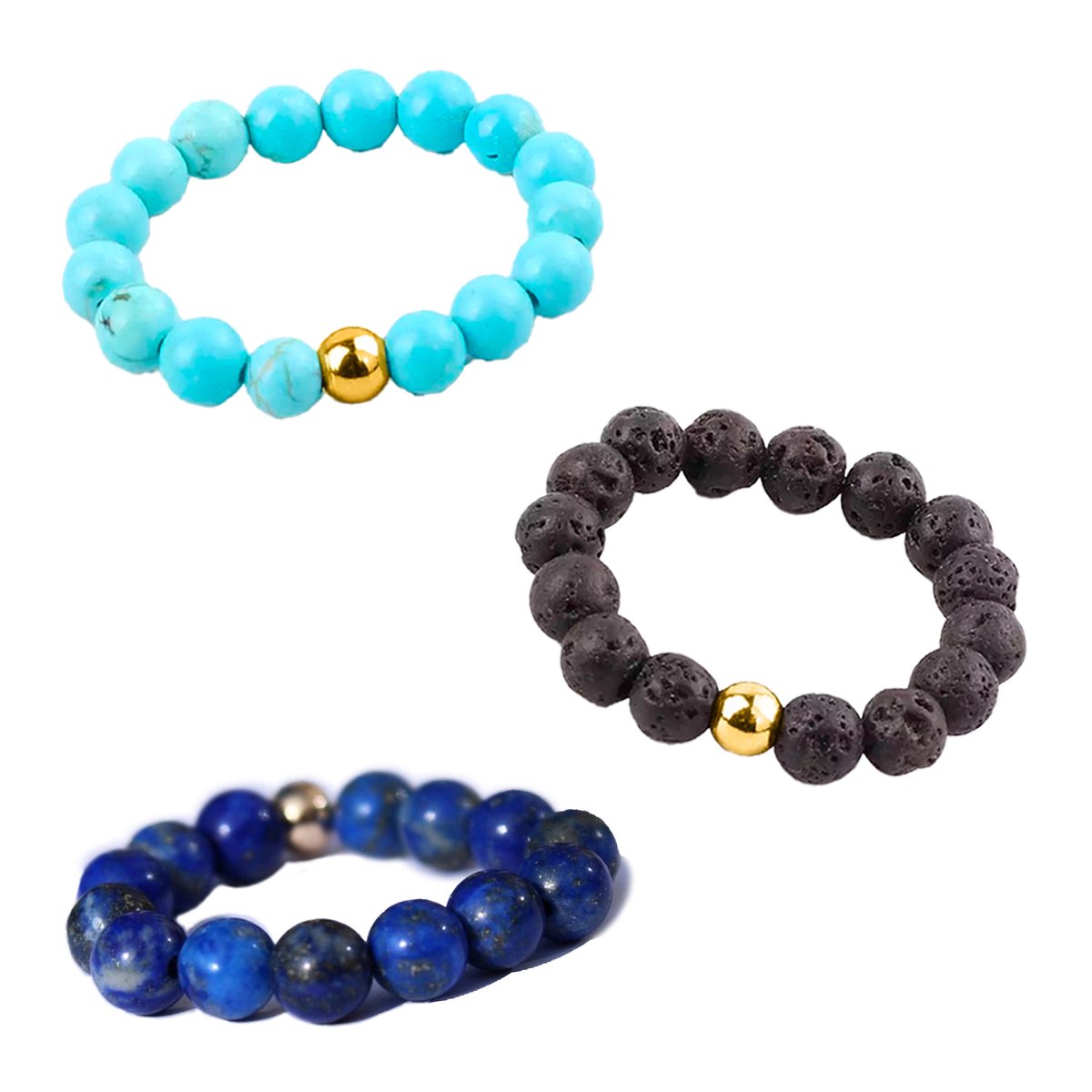 Bixorp Gems Edelstenen Ringen Set Lapis Lazuli + Lavasteen + Turkoois - Kralenring