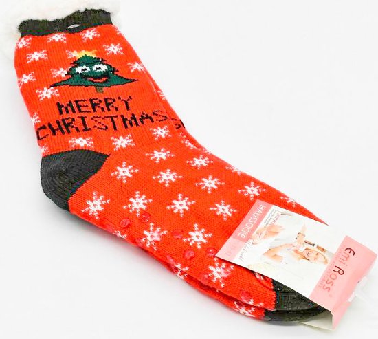 Merino Wollen Kerstsokken  - Rood met Kerstboom - maat 35/38 - Huissokken - Antislip sokken - Warme sokken – Winter sokken