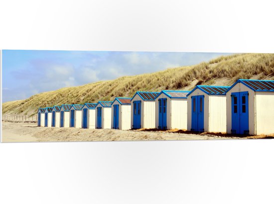 WallClassics - PVC Schuimplaat- Blauw met Witte Strandhuisjes - 120x40 cm Foto op PVC Schuimplaat