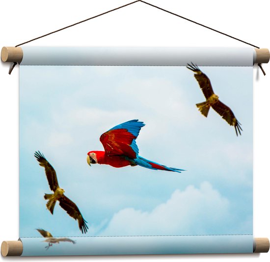 WallClassics - Textielposter - Vliegende Vogels Ara Papegaaien - 40x30 cm Foto op Textiel