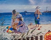 Denza - Diamond painting kinderen op het strand 40 x 50 cm volledige bedrukking ronde steentjes direct leverbaar - strand - beach - kids - vuurtoren