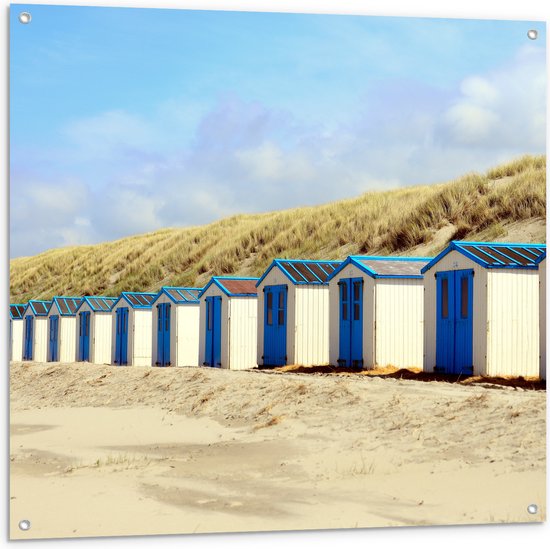 WallClassics - Tuinposter – Blauw met Witte Strandhuisjes - 100x100 cm Foto op Tuinposter  (wanddecoratie voor buiten en binnen)