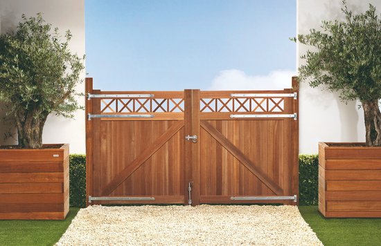 Foto: Intergard poort tuinpoort bangkirai hardhout met trellis 300x180cm