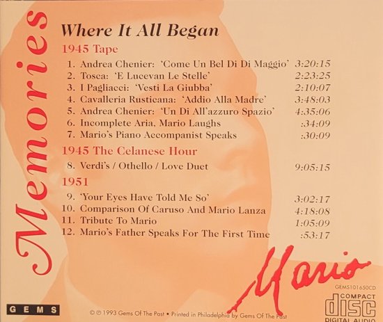 Achterkant van de cd-hoes 'Where It All Began' met een tracklijst van nummers van Mario Lanza in beige en rode tekst.