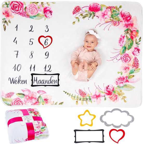 Mijlpaaldeken In Nederlands - Milestone Deken Baby - Kraamcadeau Meisje - Kraamcadeau Jongen - Inclusief Frames - Thema Bloemen - 130x100 cm