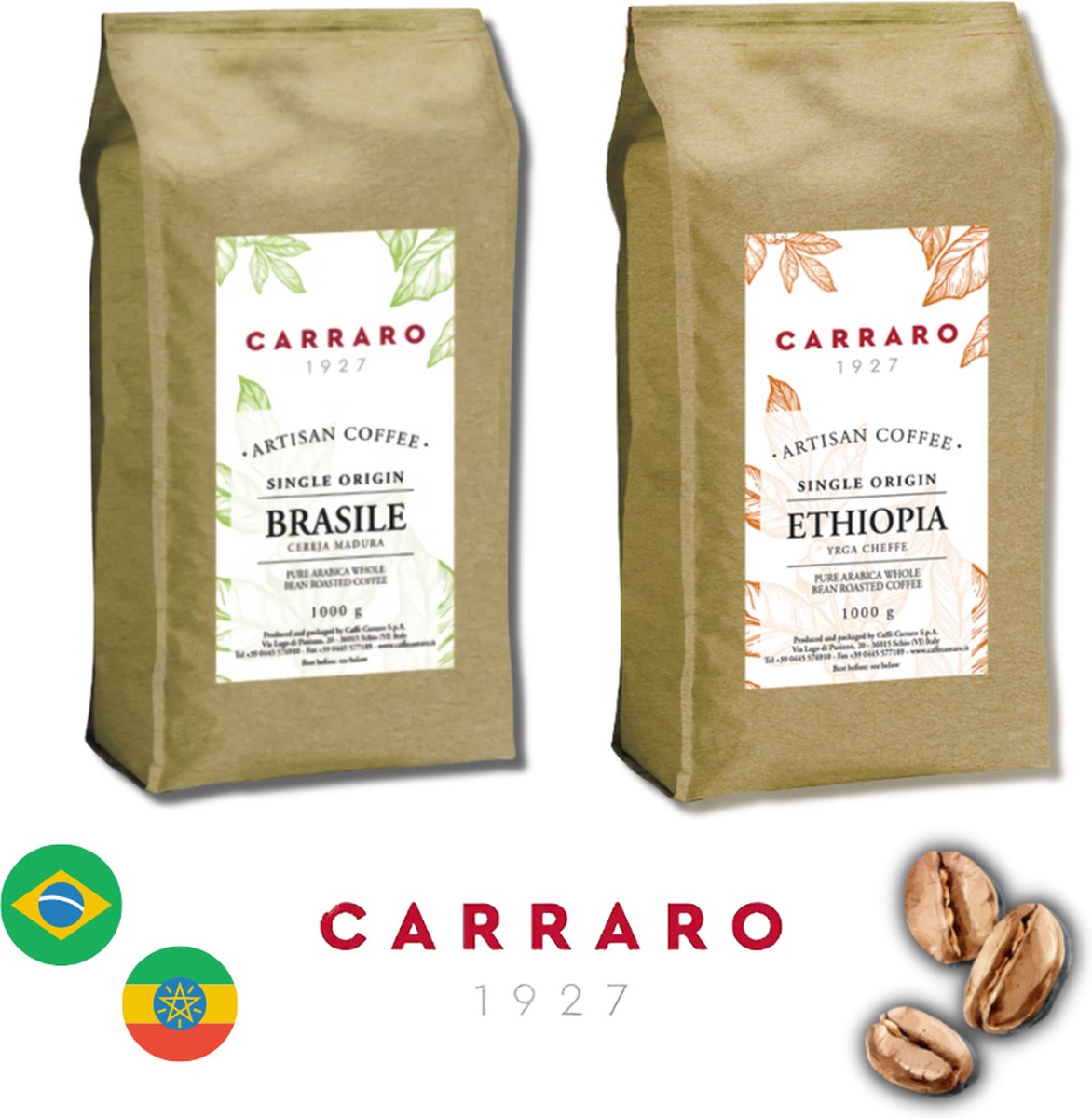 Carraro 1927 - Italiaanse koffiebonen Discovery Pack - Brazilië en Ethiopië Single Origin koffiebonen - Topkwaliteit