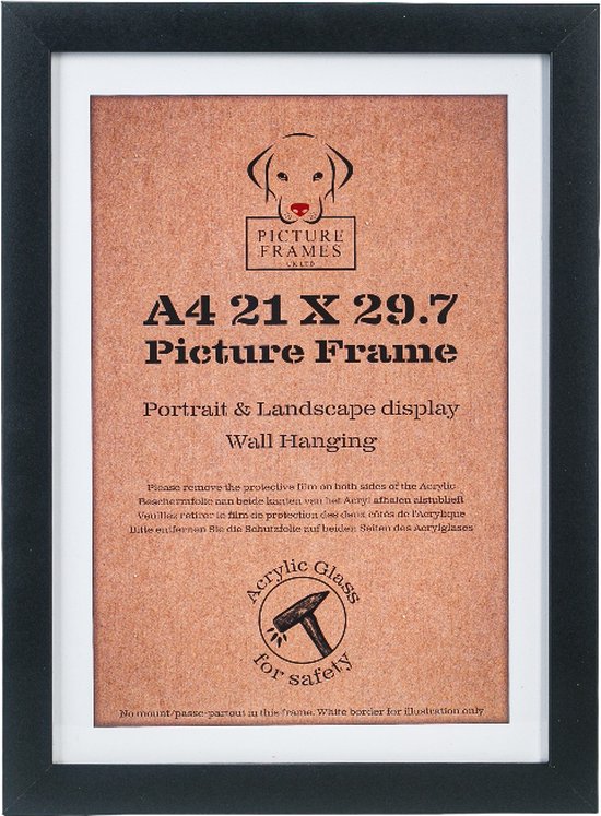 Zwarte A4 fotolijst met witte passe-partout en bruine achtergrond. Tekst: A4 21 X 29.7 Picture Frame.