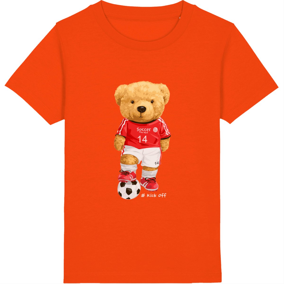 Jongens Meisjes T Shirt - Beer met Voetbal - Oranje - Maat 116
