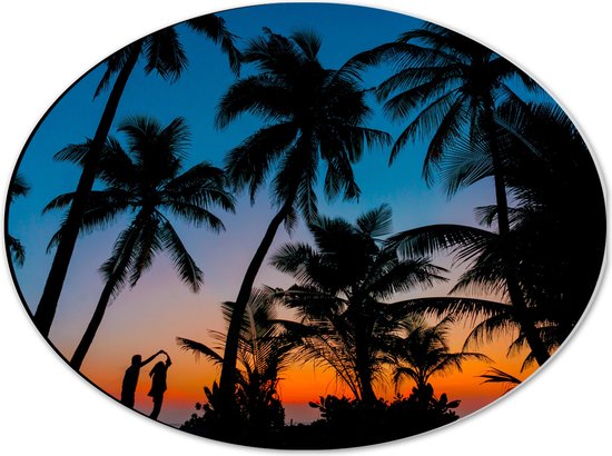 WallClassics - Dibond Ovaal - Silhouette van Palmbomen op een Tropisch Strand - 40x30 cm Foto op Ovaal (Met Ophangsysteem)