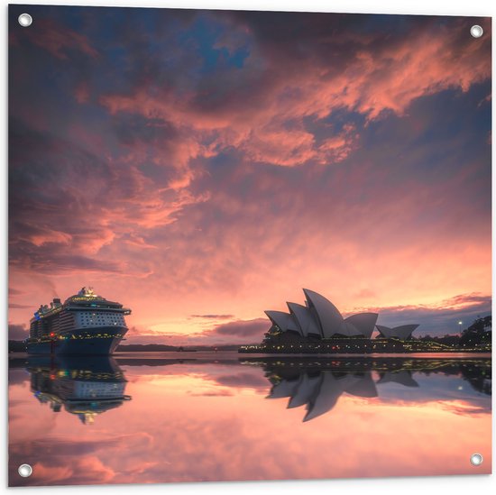WallClassics - Tuinposter – Sydney Opera House met Zonsondergang - 80x80 cm Foto op Tuinposter  (wanddecoratie voor buiten en binnen)