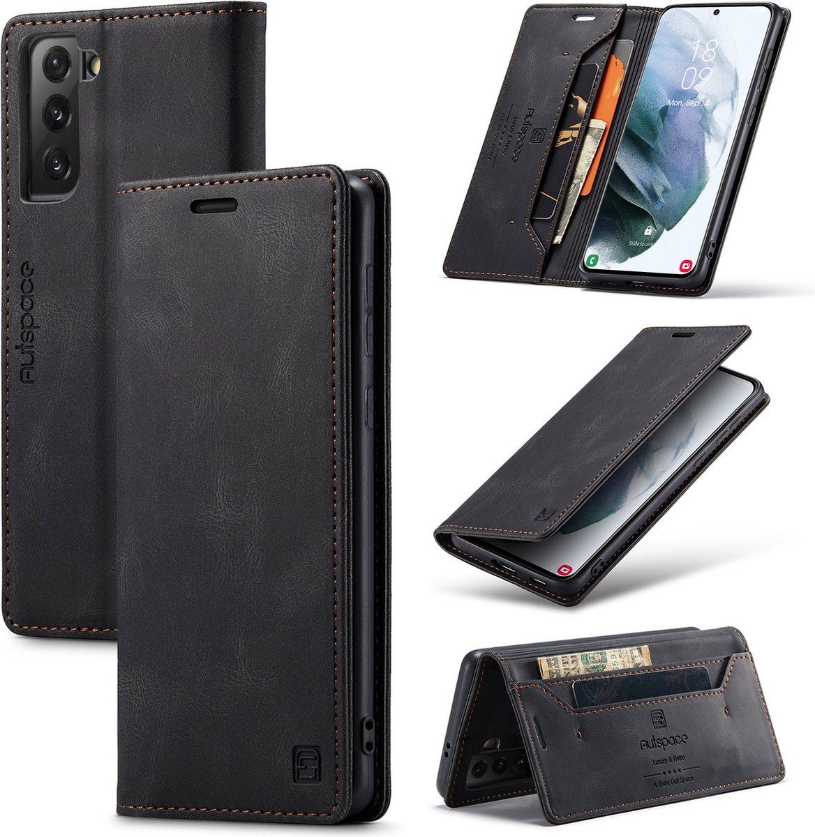 Luxe Flip Case met RFID Bescherming Kaarthouder en Magneetsluiting voor Samsung Galaxy S21 Plus _ Zwart